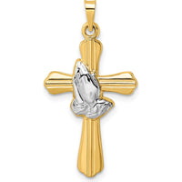 14K Yellow Gold and White Rhodium Polished Hollow Praying Hands Cross Pendant - 32.6mm in Length by Oro Pregiato