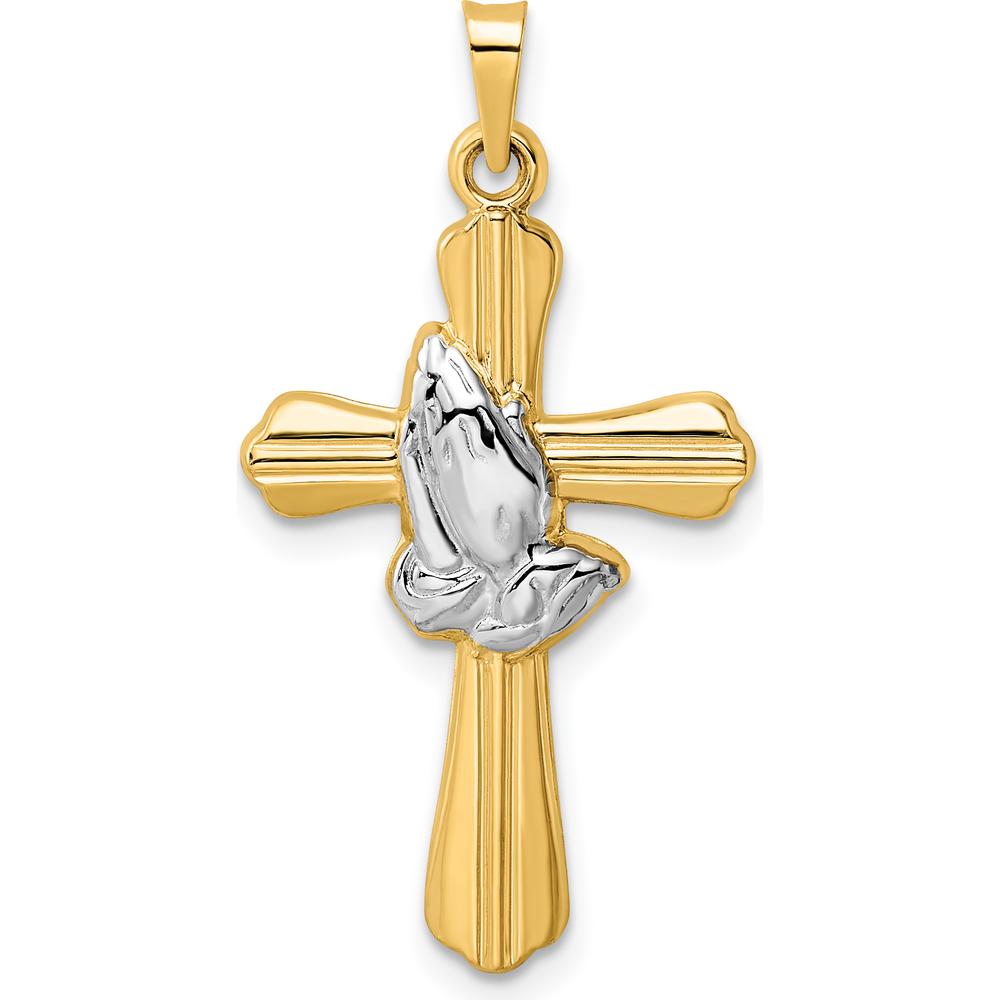 14K Yellow Gold and White Rhodium Polished Hollow Praying Hands Cross Pendant - 32.6mm in Length by Oro Pregiato
