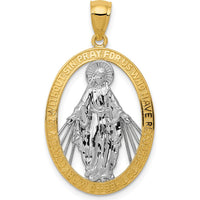 14K Yellow Gold and White Rhodium Polished Miraculous Medal Oval Pendant - 32.5mm by Oro Pregiato