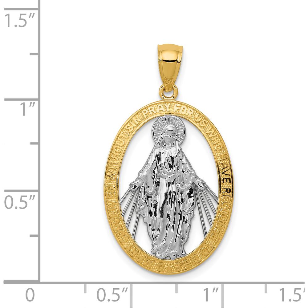 14K Yellow Gold and White Rhodium Polished Miraculous Medal Oval Pendant - 32.5mm by Oro Pregiato