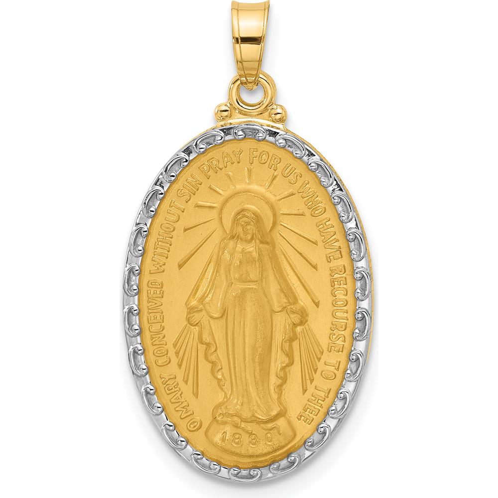14K Yellow Gold and White Rhodium Polished Miraculous Medal Oval Pendant by Oro Pregiato