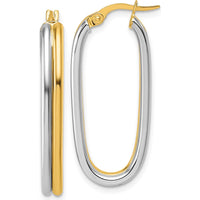 14K Yellow Gold and White Rhodium Polished Oval Hoop Earrings - 33mm Length by 0