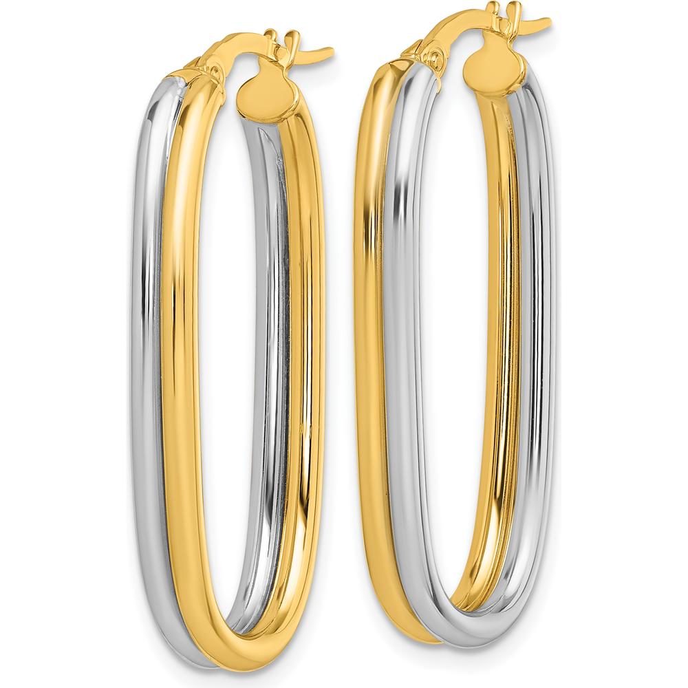 14K Yellow Gold and White Rhodium Polished Oval Hoop Earrings - 33mm Length by 0