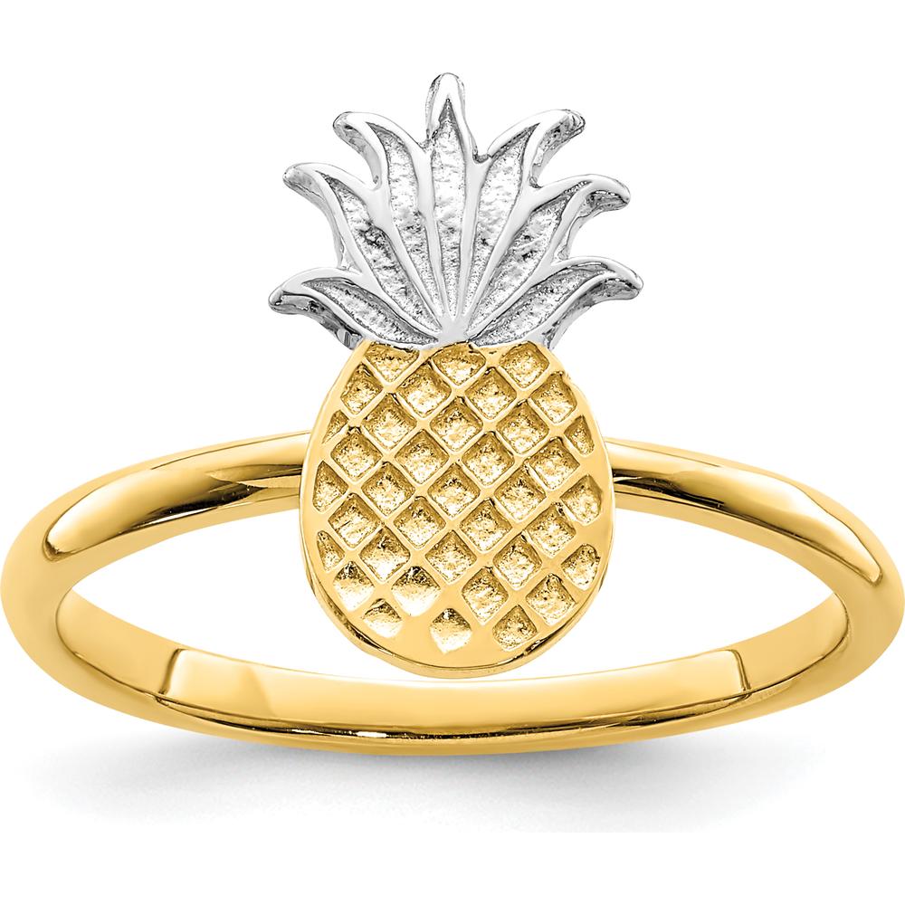 14K Yellow Gold and White Rhodium Polished Pineapple Ring - Tropical Design with Playful Elegance by Oro Pregiato