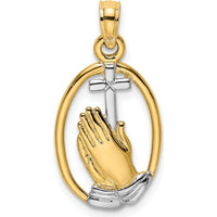 14K Yellow Gold and White Rhodium Polished Praying Hands and Cross Oval Pendant - 21.3mm Length by Oro Pregiato