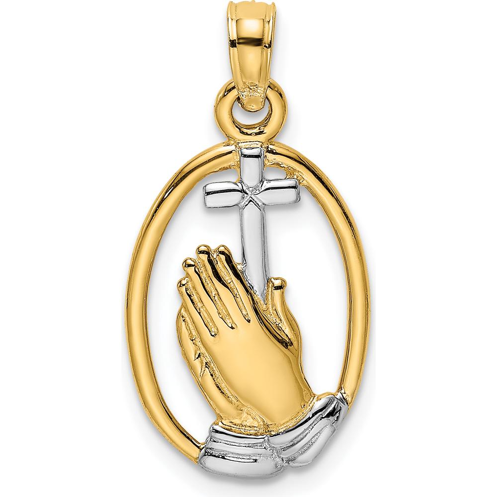 14K Yellow Gold and White Rhodium Polished Praying Hands and Cross Oval Pendant - 21.3mm Length by Oro Pregiato