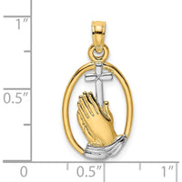 14K Yellow Gold and White Rhodium Polished Praying Hands and Cross Oval Pendant - 21.3mm Length by Oro Pregiato