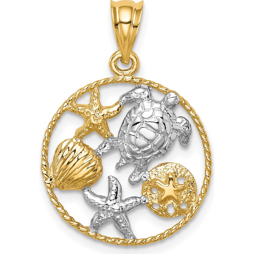 14K Yellow Gold and White Rhodium Polished Sealife Pendant with Starfish and Turtle Design by Oro Pregiato