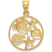 14K Yellow Gold and White Rhodium Polished Sealife Pendant with Starfish and Turtle Design by Oro Pregiato