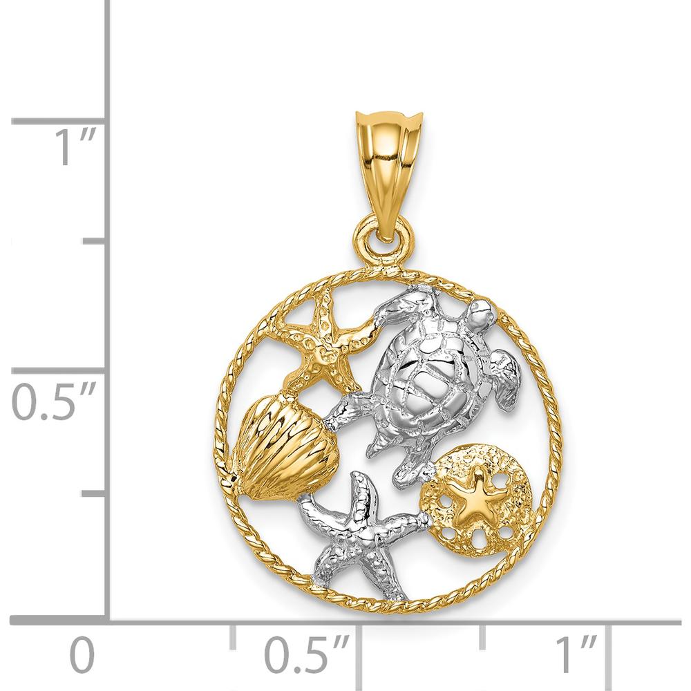 14K Yellow Gold and White Rhodium Polished Sealife Pendant with Starfish and Turtle Design by Oro Pregiato
