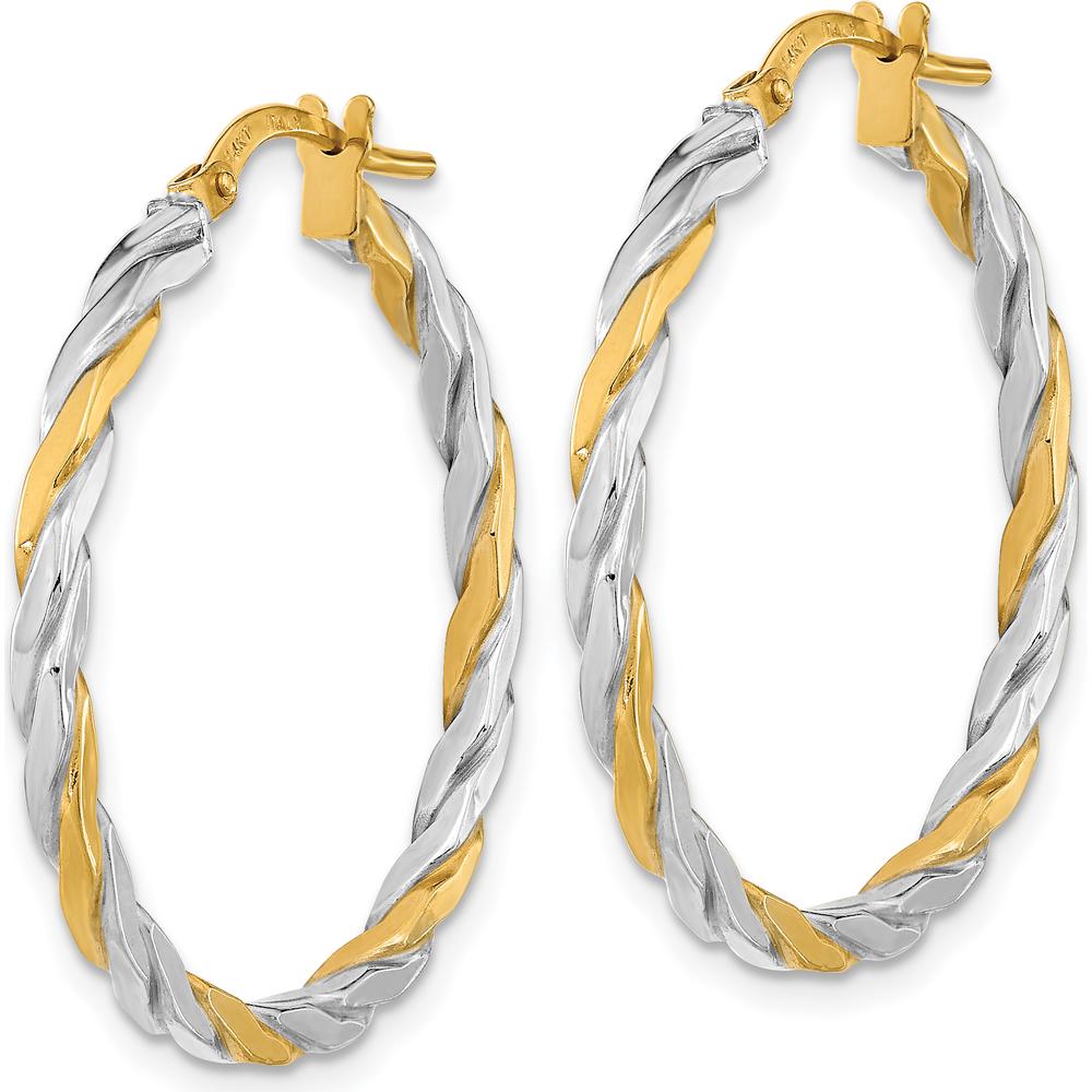 14K Yellow Gold & White Rhodium Polished Twist Hoop Earrings - 30mm Length by 0