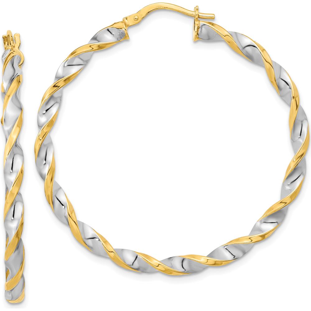 14K Yellow Gold and White Rhodium Polished Twist Hoop Earrings - 42.7mm Length by 0