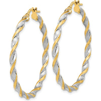 14K Yellow Gold and White Rhodium Polished Twist Hoop Earrings - 42.7mm Length by 0