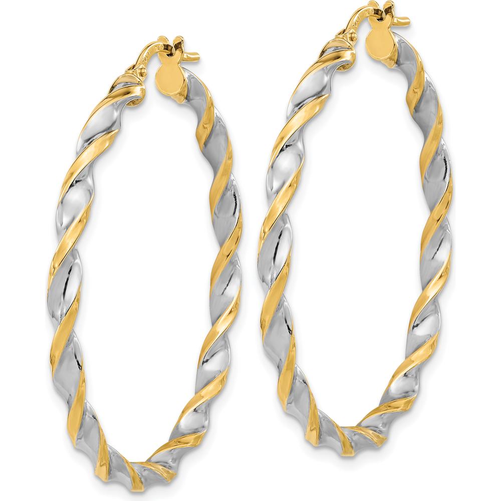 14K Yellow Gold and White Rhodium Polished Twist Hoop Earrings - 42.7mm Length by 0