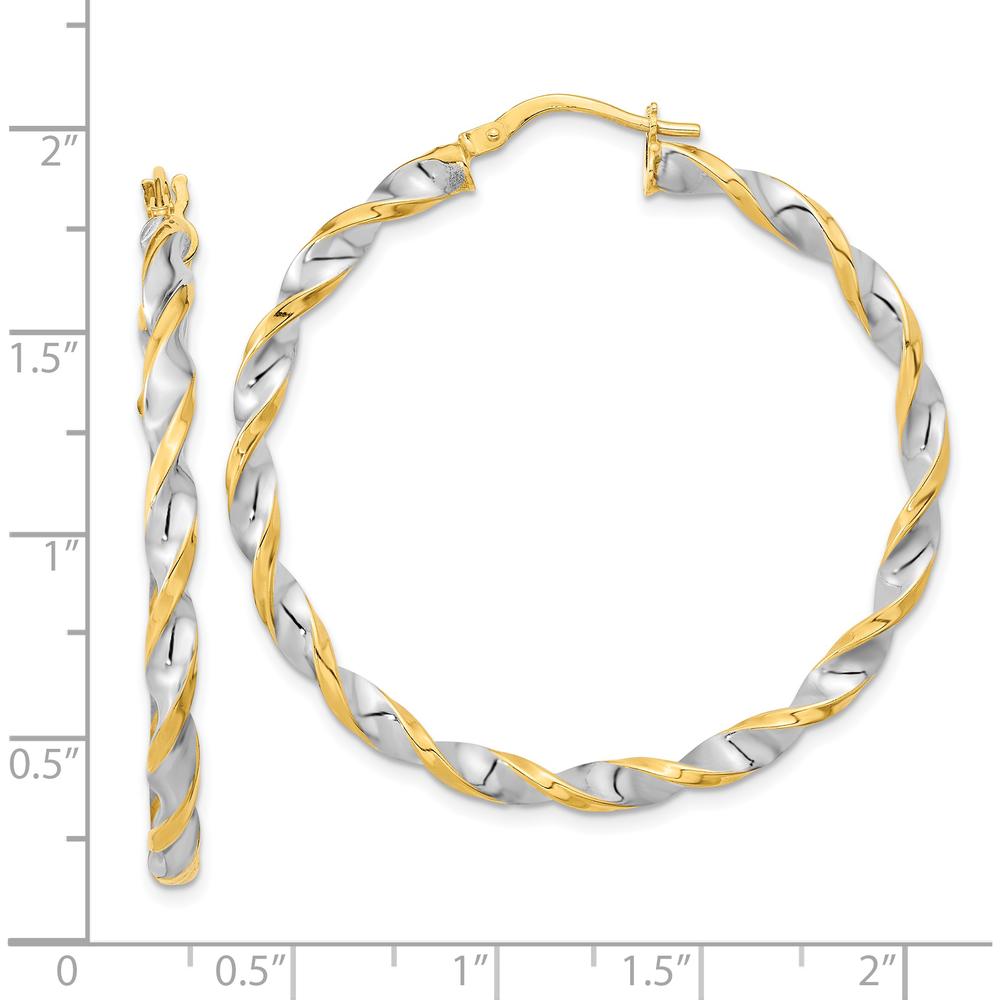 14K Yellow Gold and White Rhodium Polished Twist Hoop Earrings - 42.7mm Length by 0