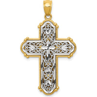 14K Yellow Gold and White Rhodium Reversible Diamond-Cut Filigree Cross Pendant - 37.9mm Length by Oro Pregiato