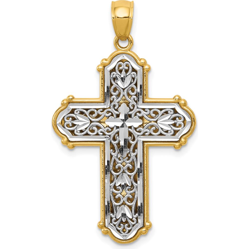 14K Yellow Gold and White Rhodium Reversible Diamond-Cut Filigree Cross Pendant - 37.9mm Length by Oro Pregiato