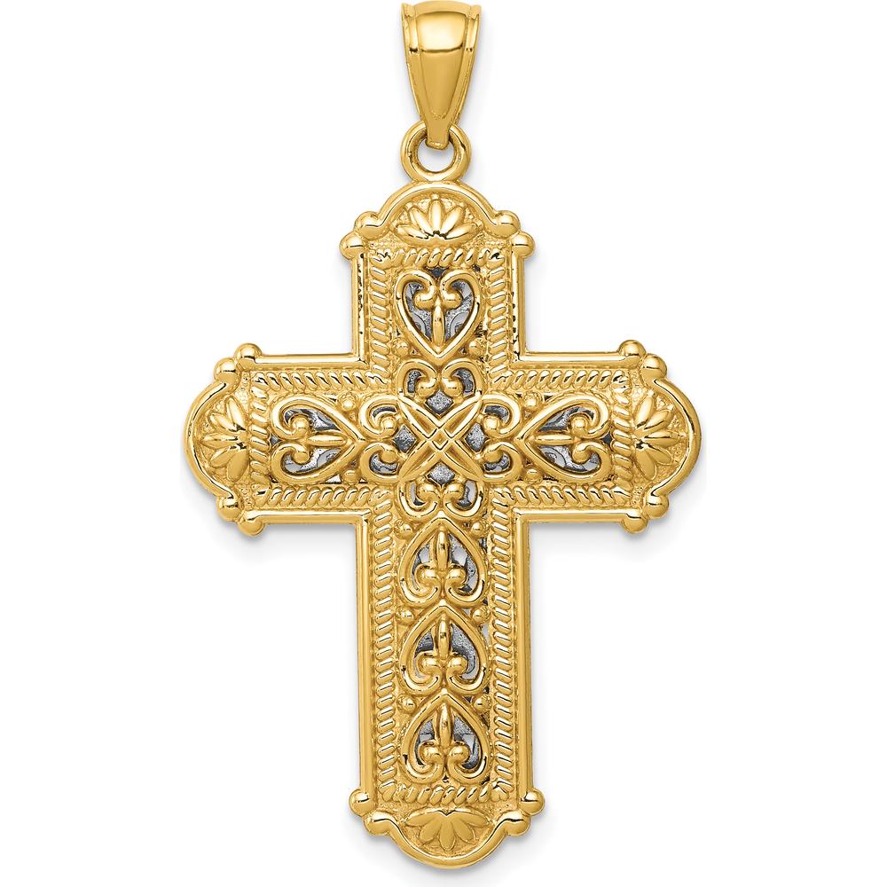 14K Yellow Gold and White Rhodium Reversible Diamond-Cut Filigree Cross Pendant - 37.9mm Length by Oro Pregiato