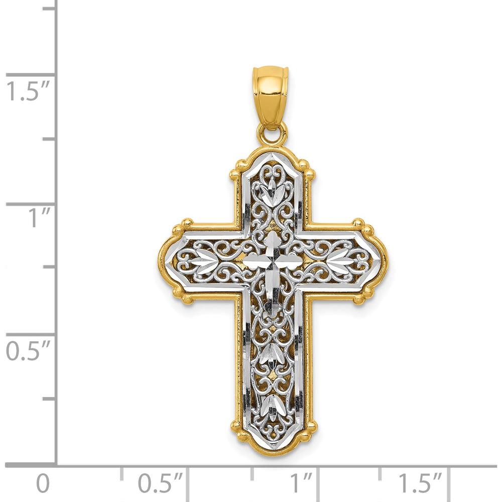 14K Yellow Gold and White Rhodium Reversible Diamond-Cut Filigree Cross Pendant - 37.9mm Length by Oro Pregiato