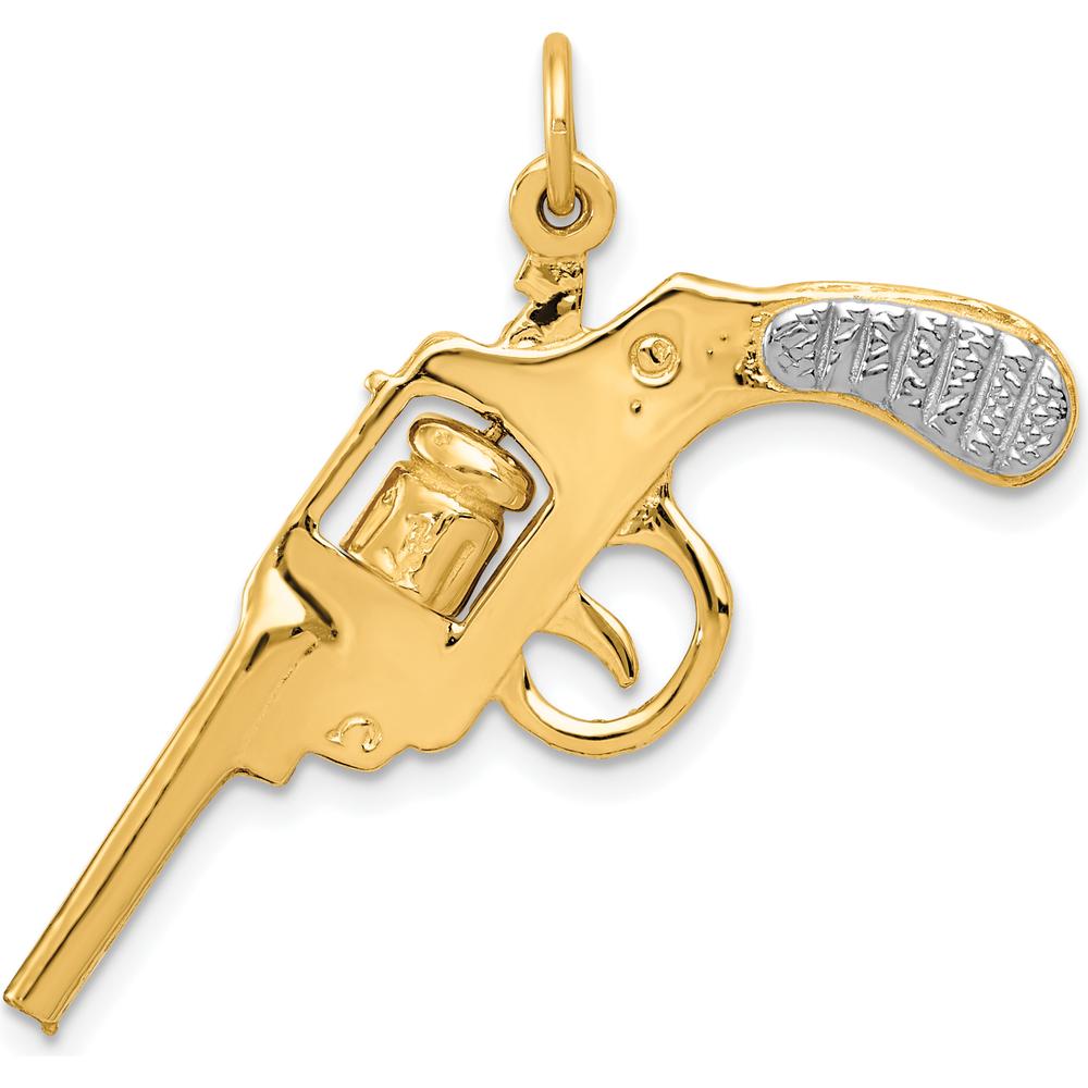 14K Yellow Gold and White Rhodium Revolver Charm with Moveable Cylinder - 20.5mm Length