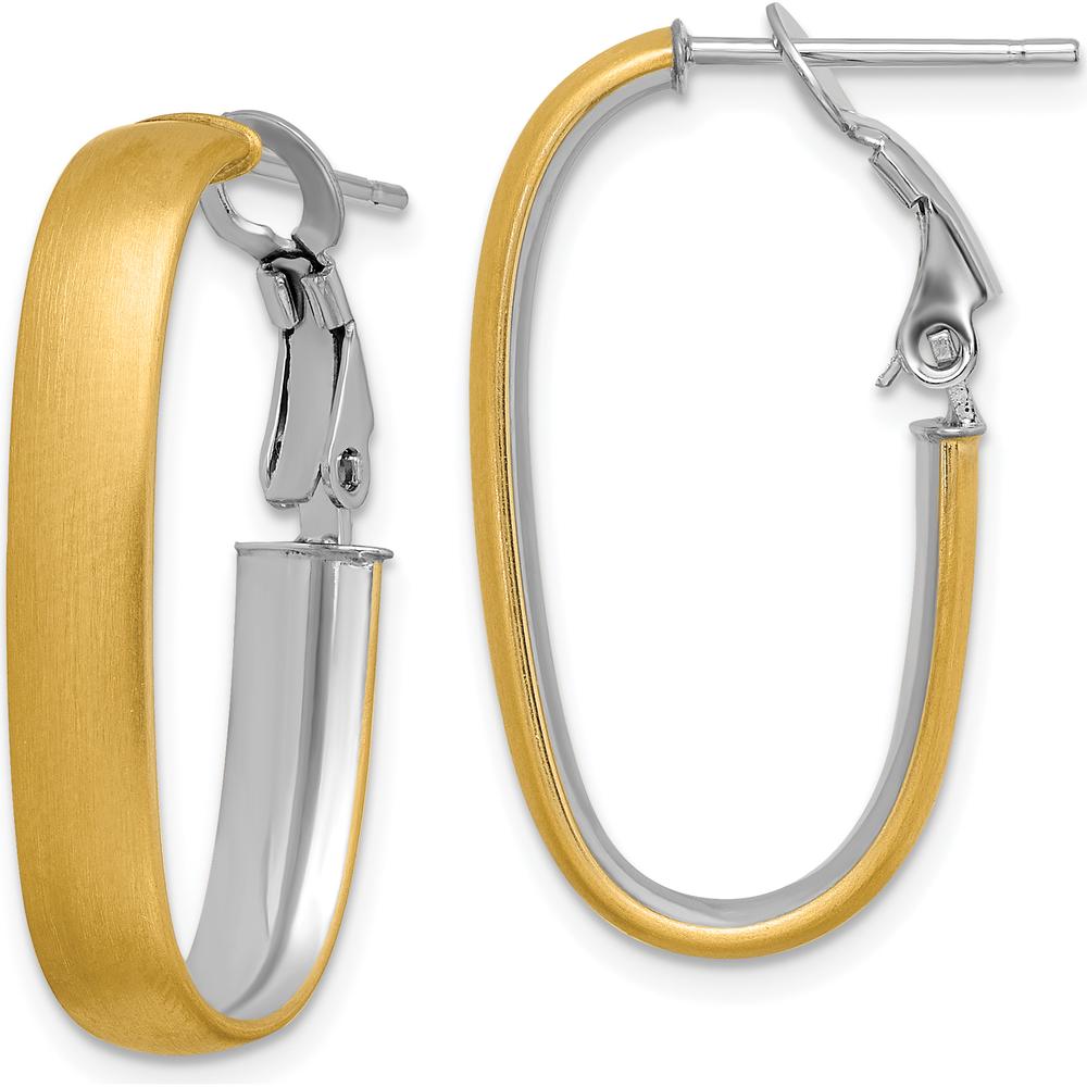 14K Yellow Gold and White Rhodium Satin & Polished Oval Hoop Earrings with Omega Backs by 0