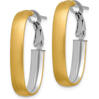 14K Yellow Gold and White Rhodium Satin & Polished Oval Hoop Earrings with Omega Backs by 0