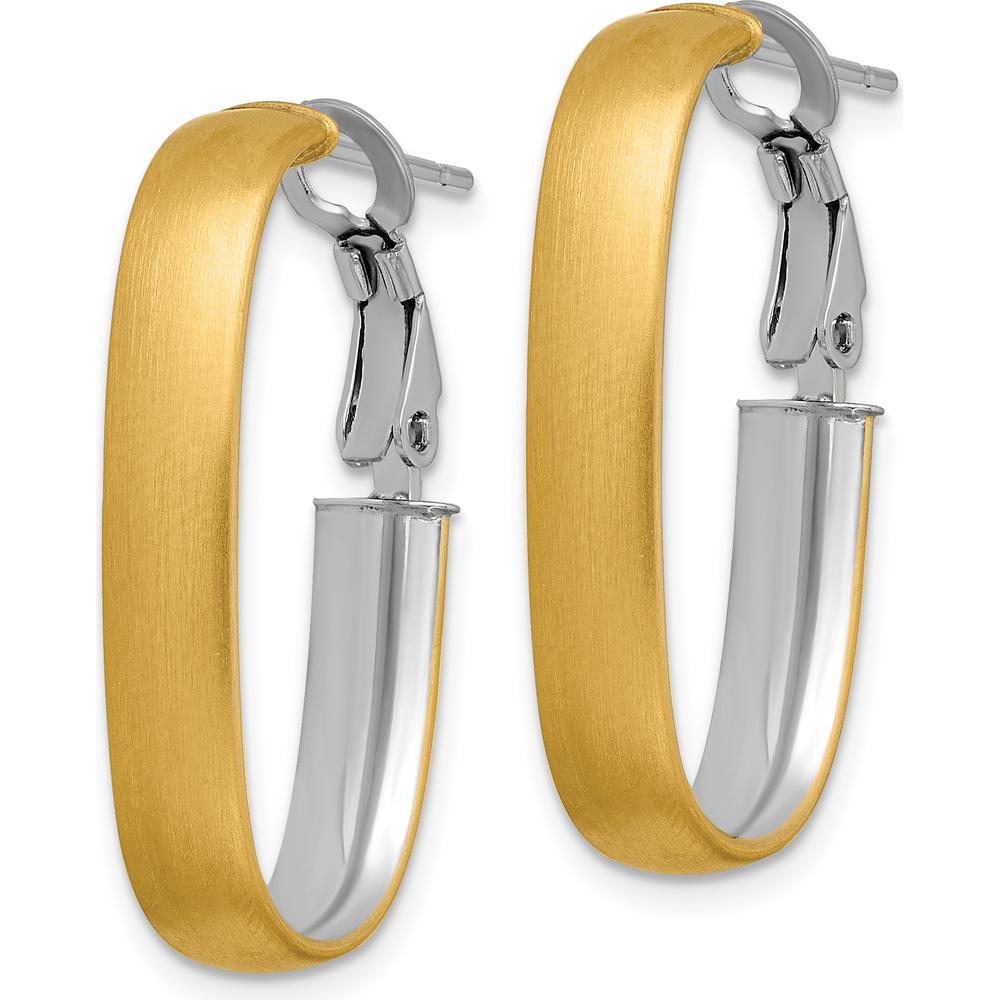 14K Yellow Gold and White Rhodium Satin & Polished Oval Hoop Earrings with Omega Backs by 0