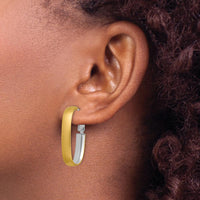 14K Yellow Gold and White Rhodium Satin & Polished Oval Hoop Earrings with Omega Backs by 0