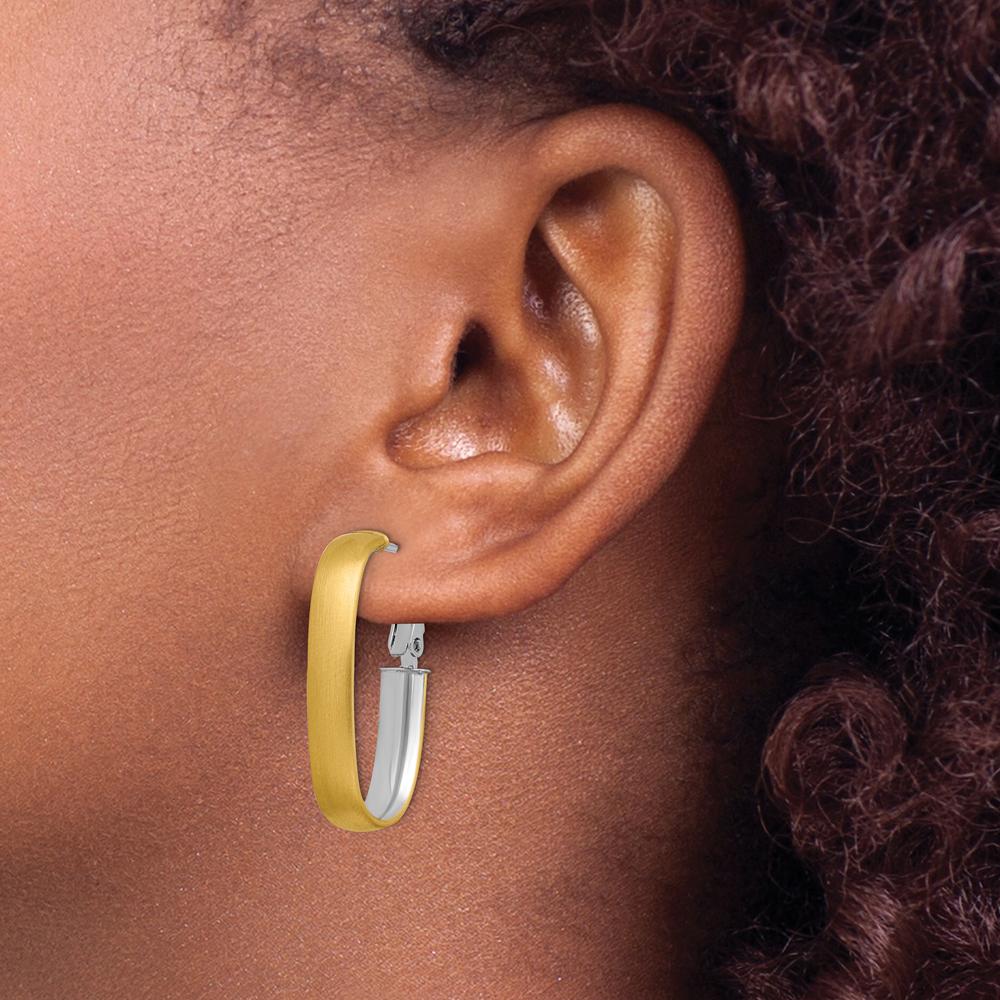 14K Yellow Gold and White Rhodium Satin & Polished Oval Hoop Earrings with Omega Backs by 0