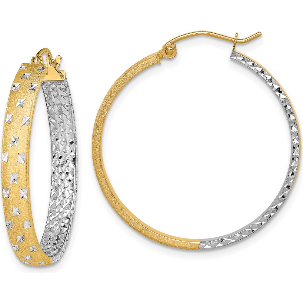 14K Yellow Gold and White Rhodium Satin Diamond-Cut In & Out Large Hoop Earrings by 0