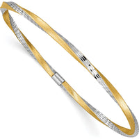 14K Yellow Gold and White Rhodium Satin Finish Diamond-cut Twist 3.00mm Slip-on Bangle Bracelet by Oro Pregiato