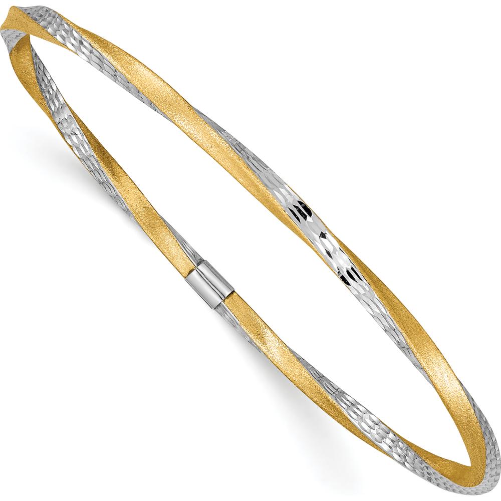 14K Yellow Gold and White Rhodium Satin Finish Diamond-cut Twist 3.00mm Slip-on Bangle Bracelet by Oro Pregiato