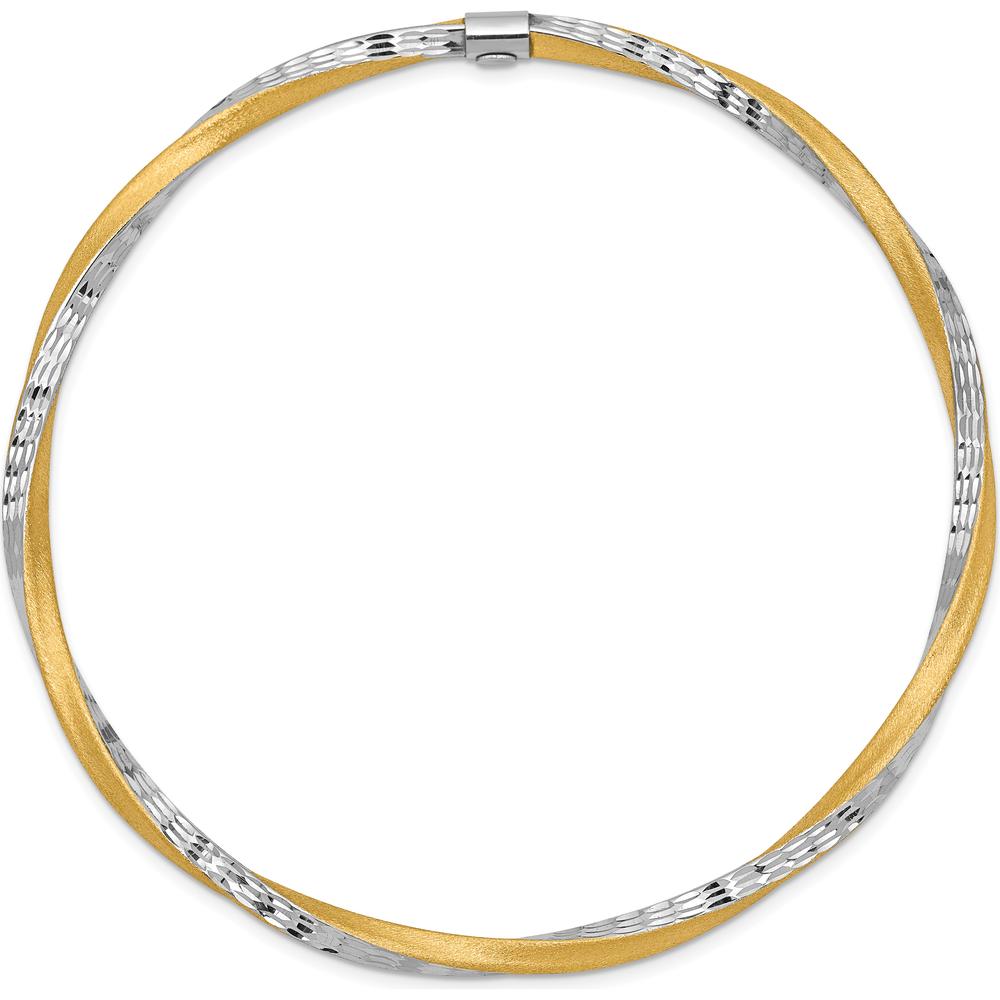 14K Yellow Gold and White Rhodium Satin Finish Diamond-cut Twist 3.00mm Slip-on Bangle Bracelet by Oro Pregiato