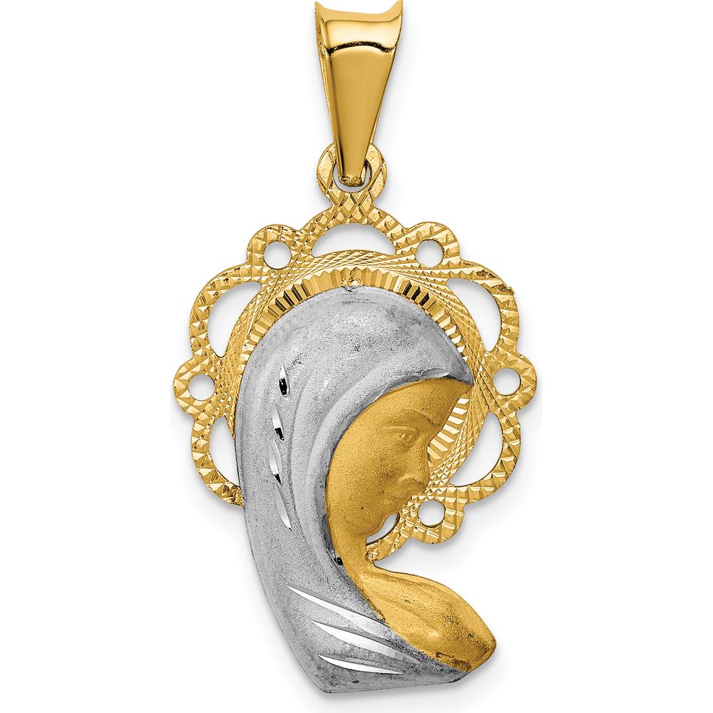 14K Yellow Gold and White Rhodium Satin Finish Virgin Mary Pendant with Diamond-Cut Scalloped Edge by Oro Pregiato