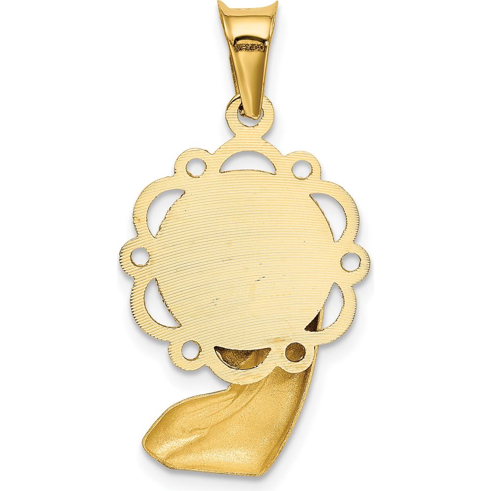 14K Yellow Gold and White Rhodium Satin Finish Virgin Mary Pendant with Diamond-Cut Scalloped Edge by Oro Pregiato