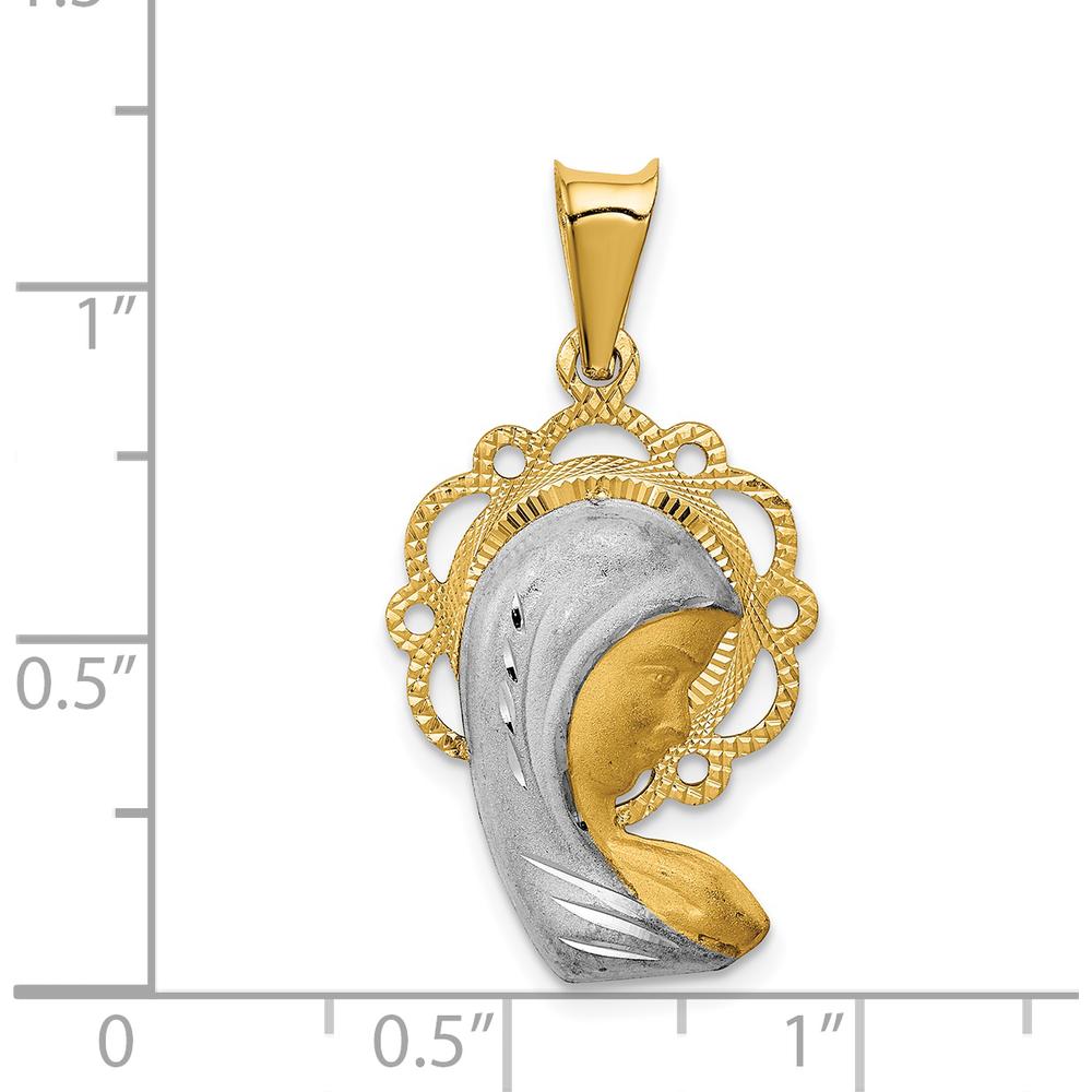 14K Yellow Gold and White Rhodium Satin Finish Virgin Mary Pendant with Diamond-Cut Scalloped Edge by Oro Pregiato