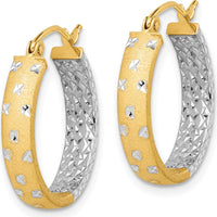 14K Yellow Gold and White Rhodium Satin Polished Diamond-Cut Medium Hoop Earrings by 0