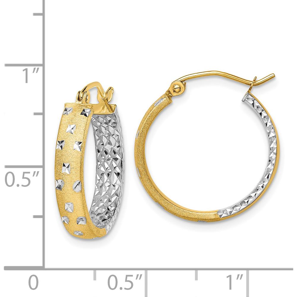 14K Yellow Gold and White Rhodium Satin Polished Diamond-Cut Medium Hoop Earrings by 0