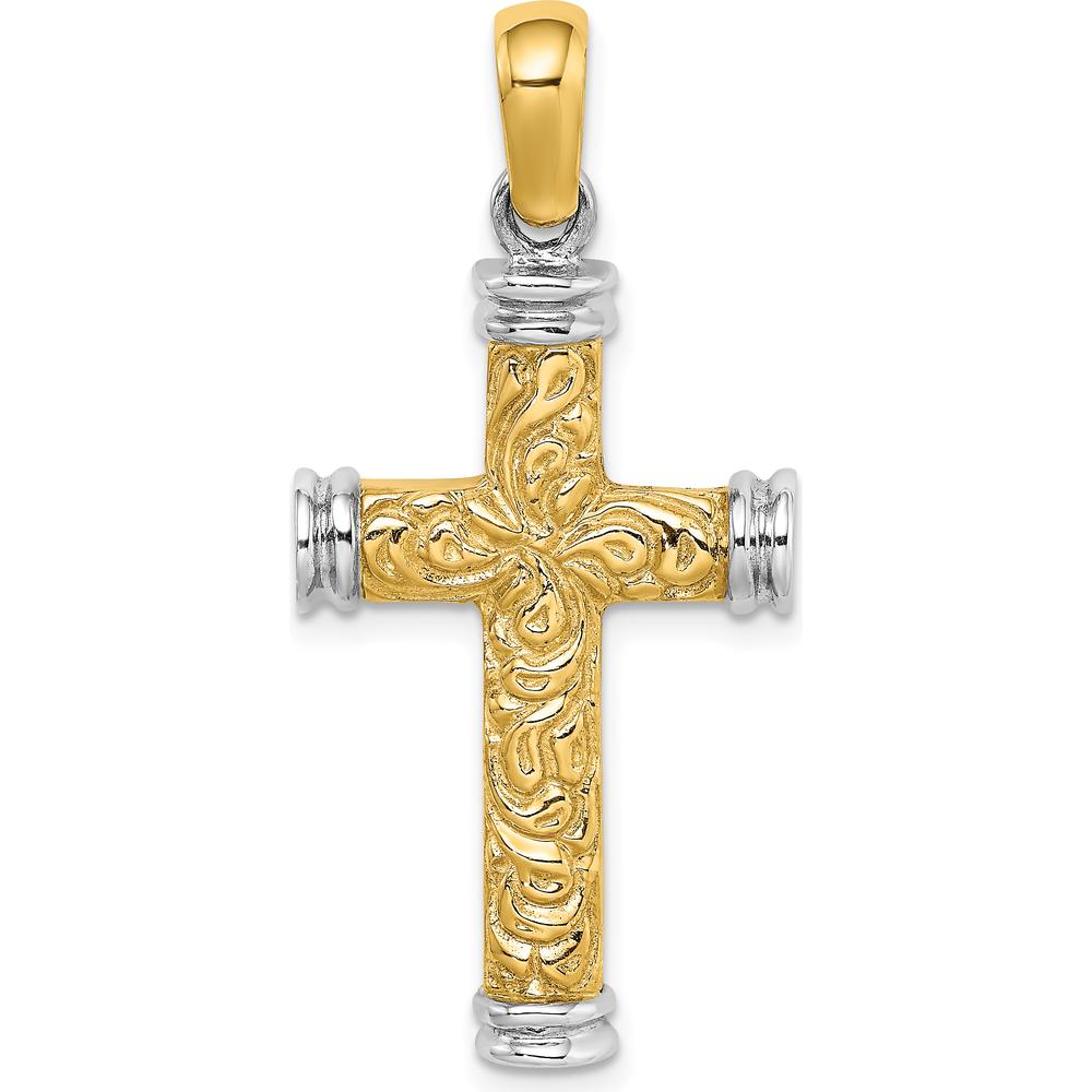 14K Yellow Gold and White Rhodium Scroll Cross Charm - 39.45mm Length by Oro Pregiato
