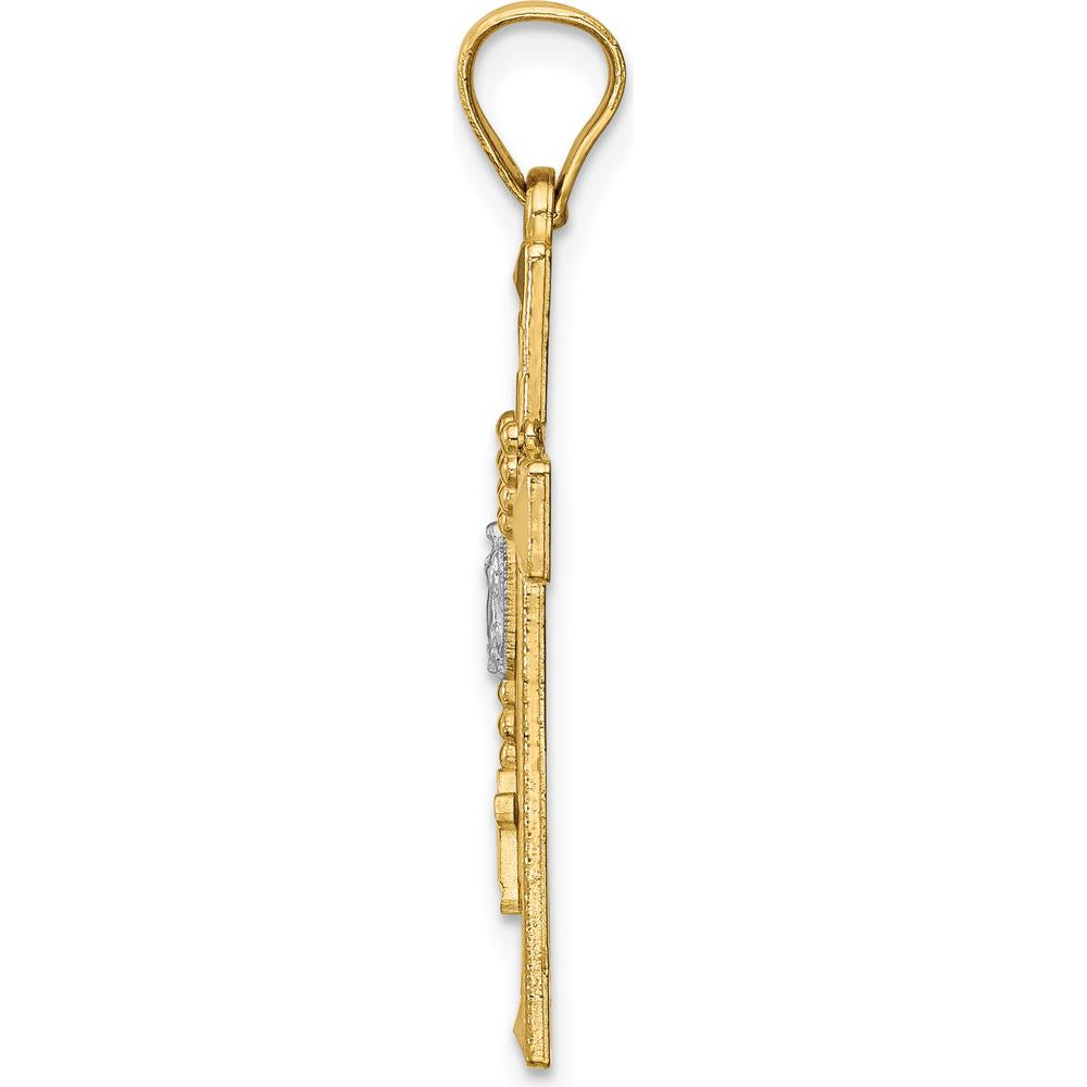 14K Yellow Gold and White Rhodium Solid Cross Pendant with Rosary Detail by Oro Pregiato