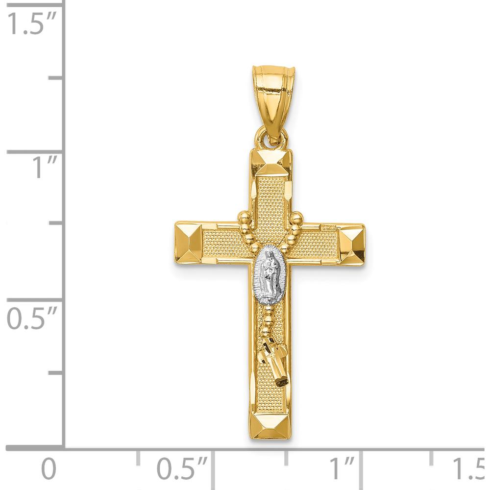 14K Yellow Gold and White Rhodium Solid Cross Pendant with Rosary Detail by Oro Pregiato