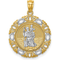 14K Yellow Gold and White Rhodium Solid St. Christopher Medal Pendant with Textured Finish - 24.75mm Length, 18mm Width by Oro Pregiato