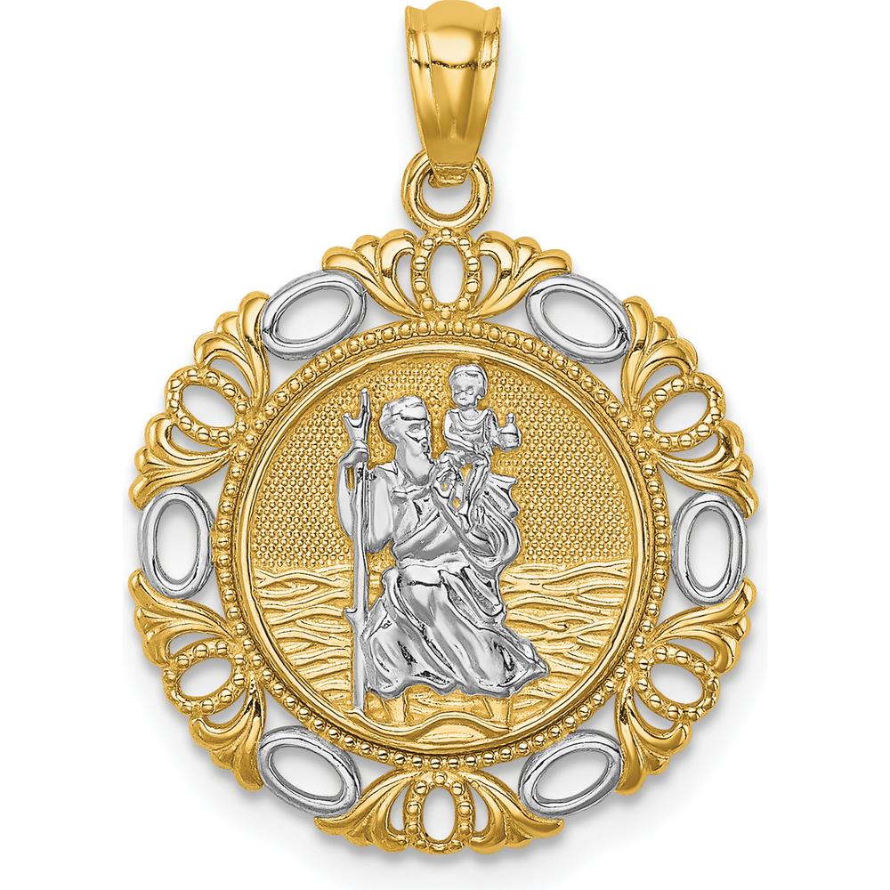 14K Yellow Gold and White Rhodium Solid St. Christopher Medal Pendant with Textured Finish - 24.75mm Length, 18mm Width by Oro Pregiato