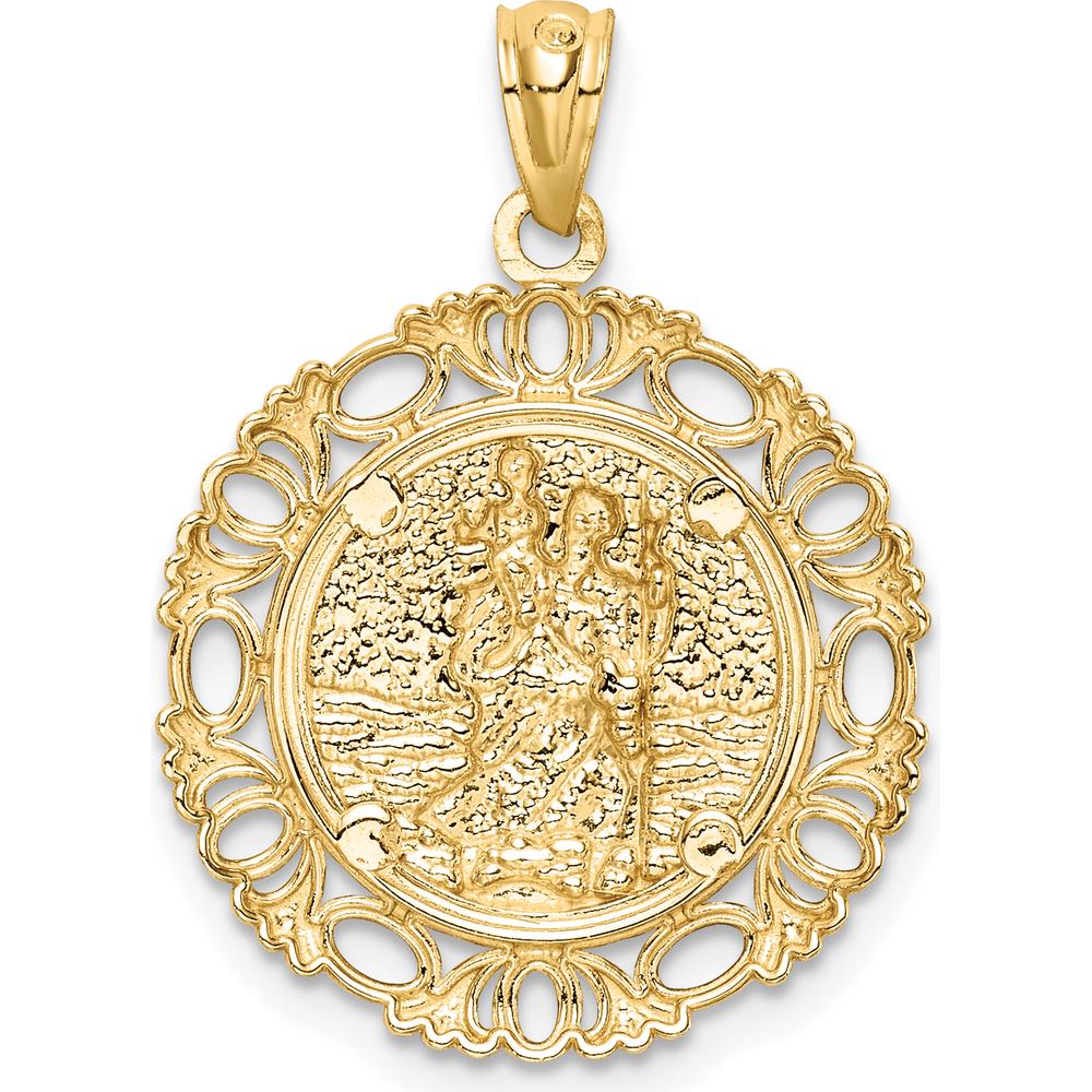 14K Yellow Gold and White Rhodium Solid St. Christopher Medal Pendant with Textured Finish - 24.75mm Length, 18mm Width by Oro Pregiato