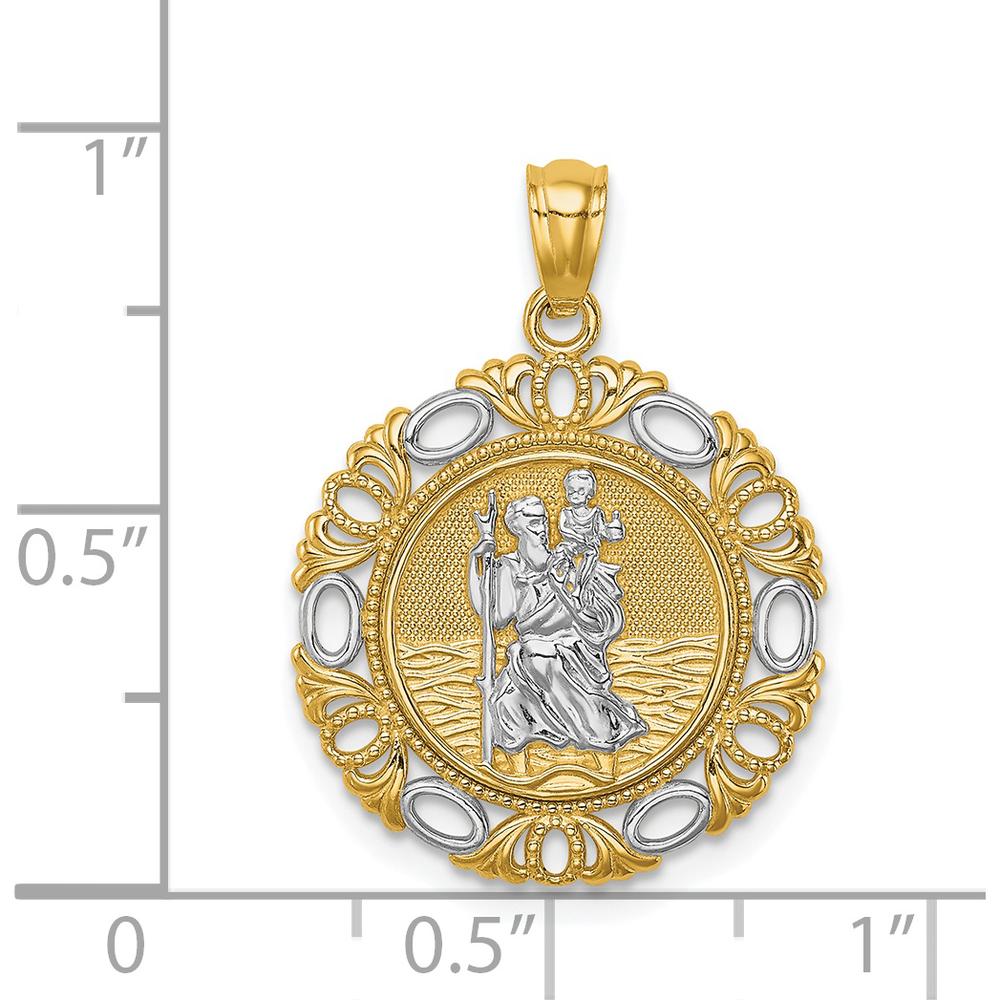 14K Yellow Gold and White Rhodium Solid St. Christopher Medal Pendant with Textured Finish - 24.75mm Length, 18mm Width by Oro Pregiato