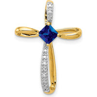 14K Yellow Gold and White Rhodium Square Lab Created Sapphire Cross Pendant with Diamond Accents - 0.46 Carat Sapphire Weight by Lumare Gioia