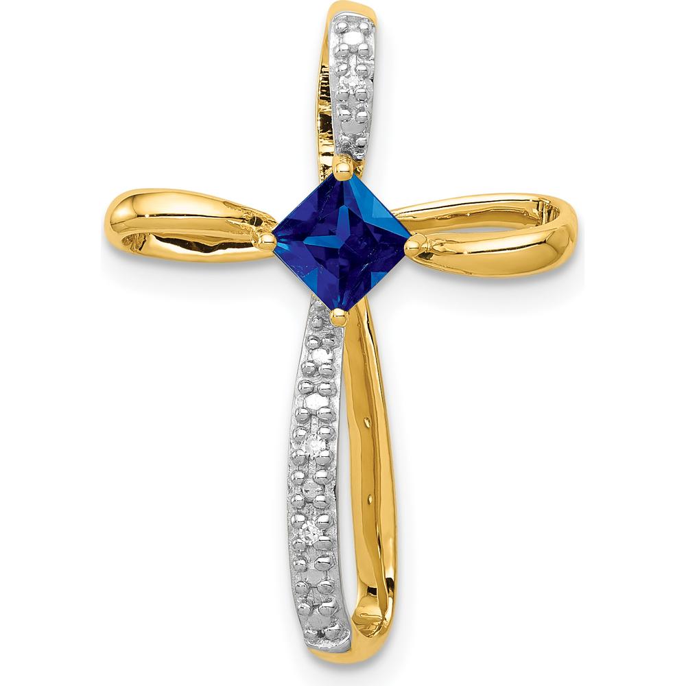 14K Yellow Gold and White Rhodium Square Lab Created Sapphire Cross Pendant with Diamond Accents - 0.46 Carat Sapphire Weight by Lumare Gioia