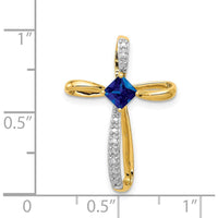 14K Yellow Gold and White Rhodium Square Lab Created Sapphire Cross Pendant with Diamond Accents - 0.46 Carat Sapphire Weight by Lumare Gioia