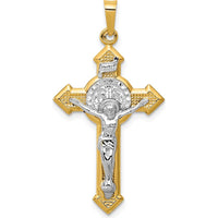 14K Yellow Gold and White Rhodium St. Benedict INRI Crucifix Pendant - 37.5mm Length by Oro Pregiato