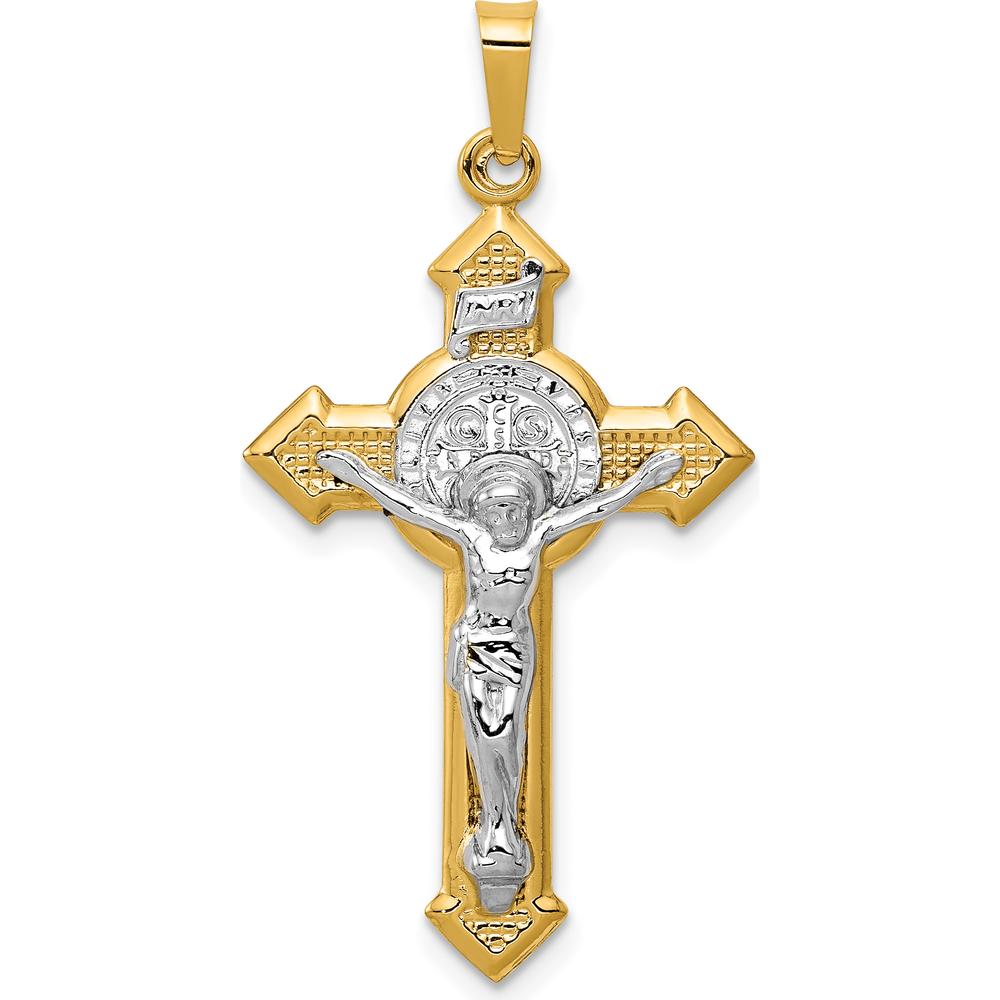 14K Yellow Gold and White Rhodium St. Benedict INRI Crucifix Pendant - 37.5mm Length by Oro Pregiato